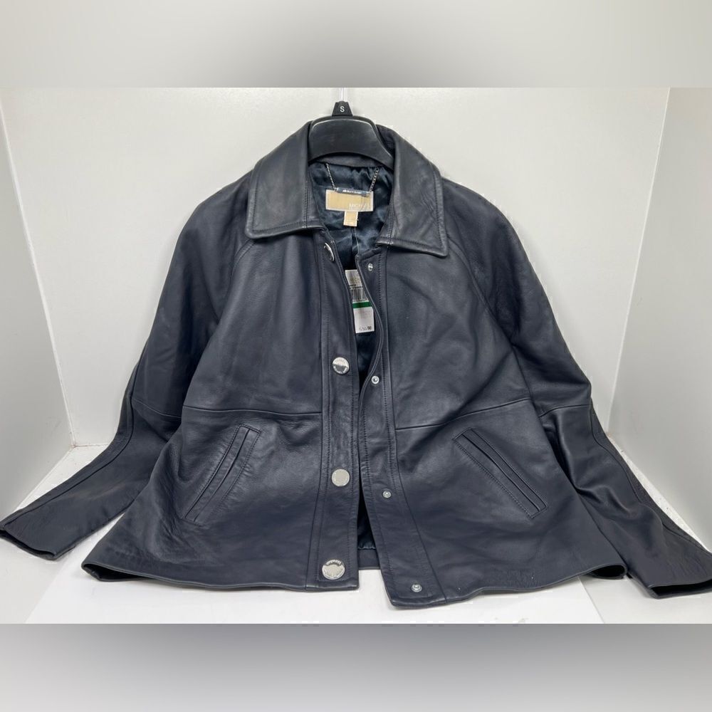 Michael Michael Kors Women Navy Blue Snap On Closing 100% Leather Moto Jacket L